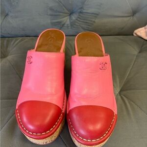 CHANEL Pink and Red Leather Mules
